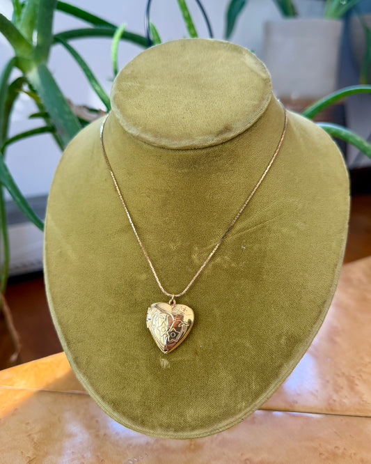 Floral Etched Gold Tone Locket Necklace