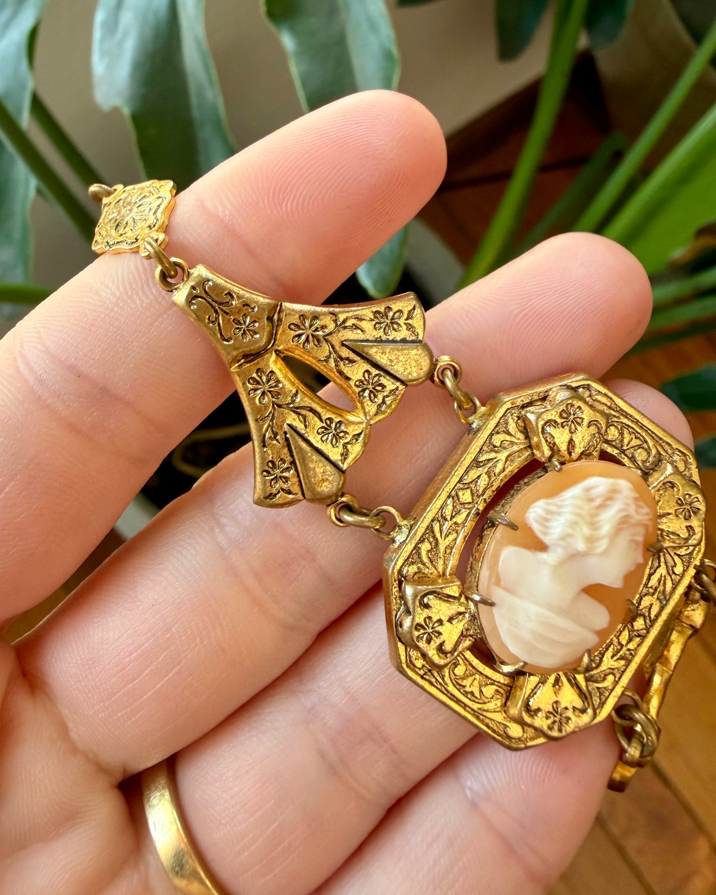 Victorian Revival Carved Shell Cameo Filled Filigree Bracelet
