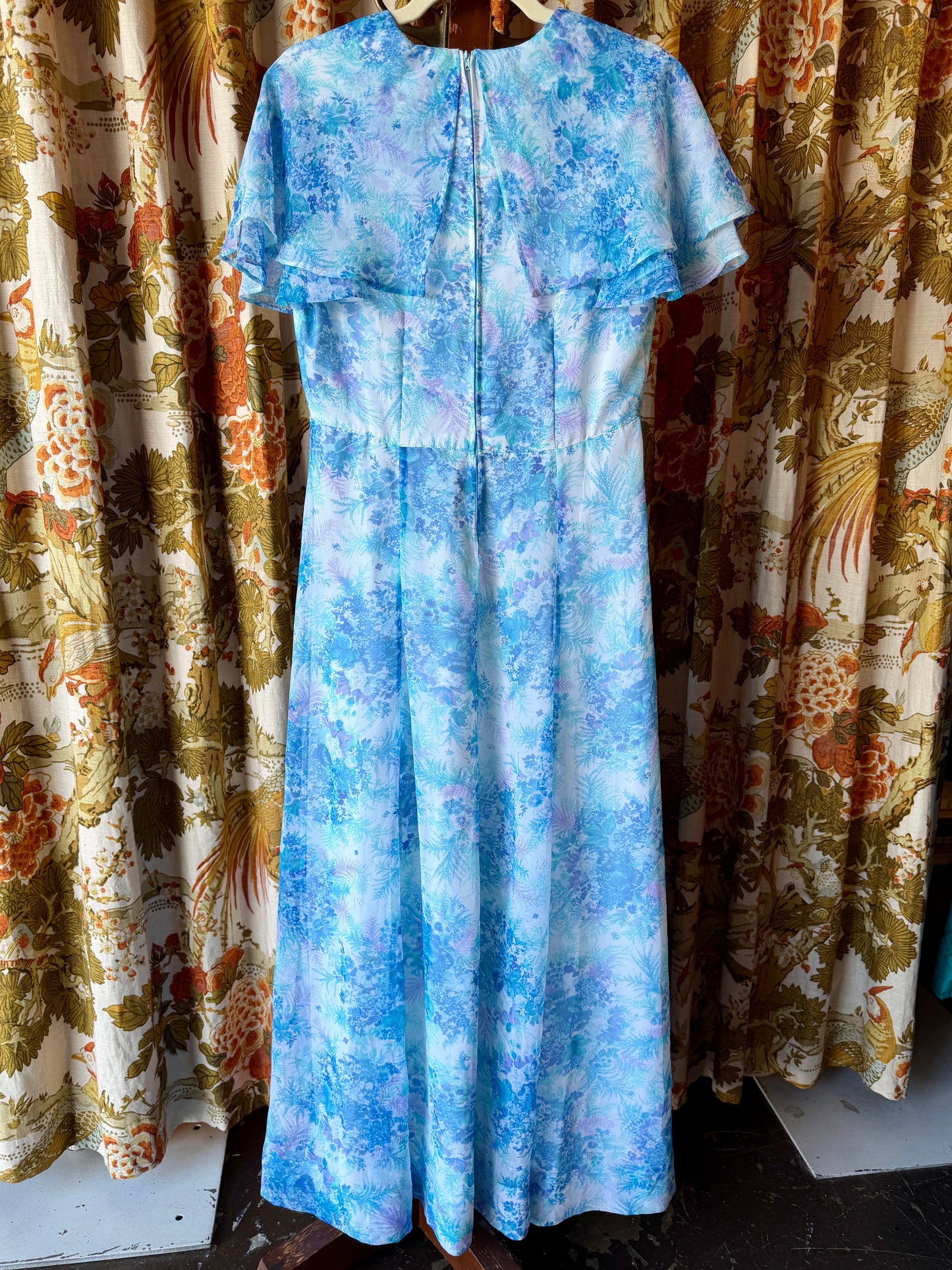 1970's Blue Fern Print Chiffon Dress