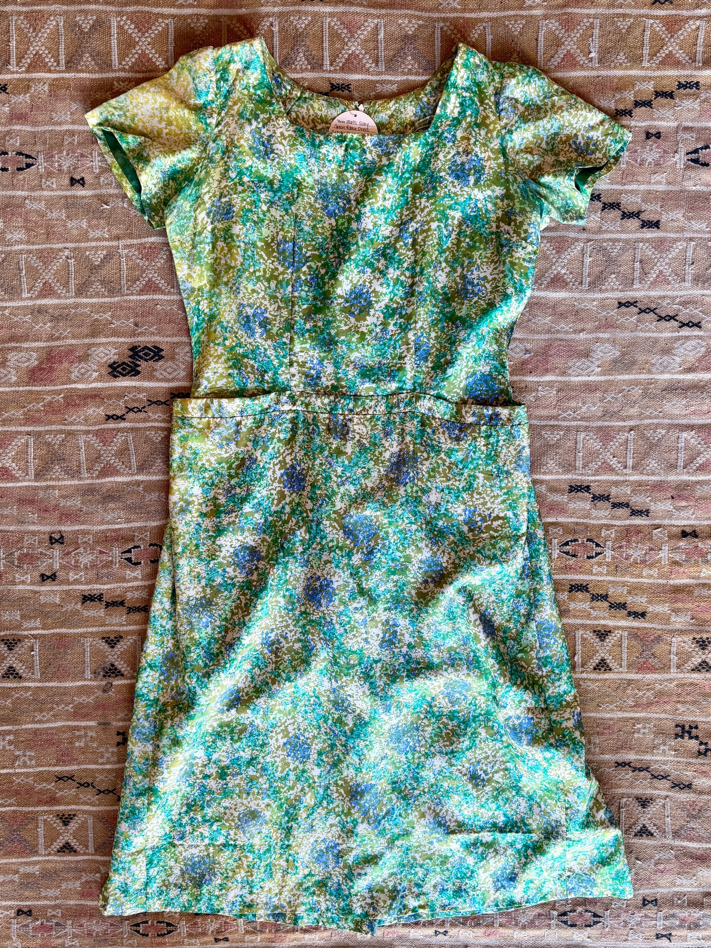 1950's Silk/Viscose Green & Blue Sponge Print Dress AS IS