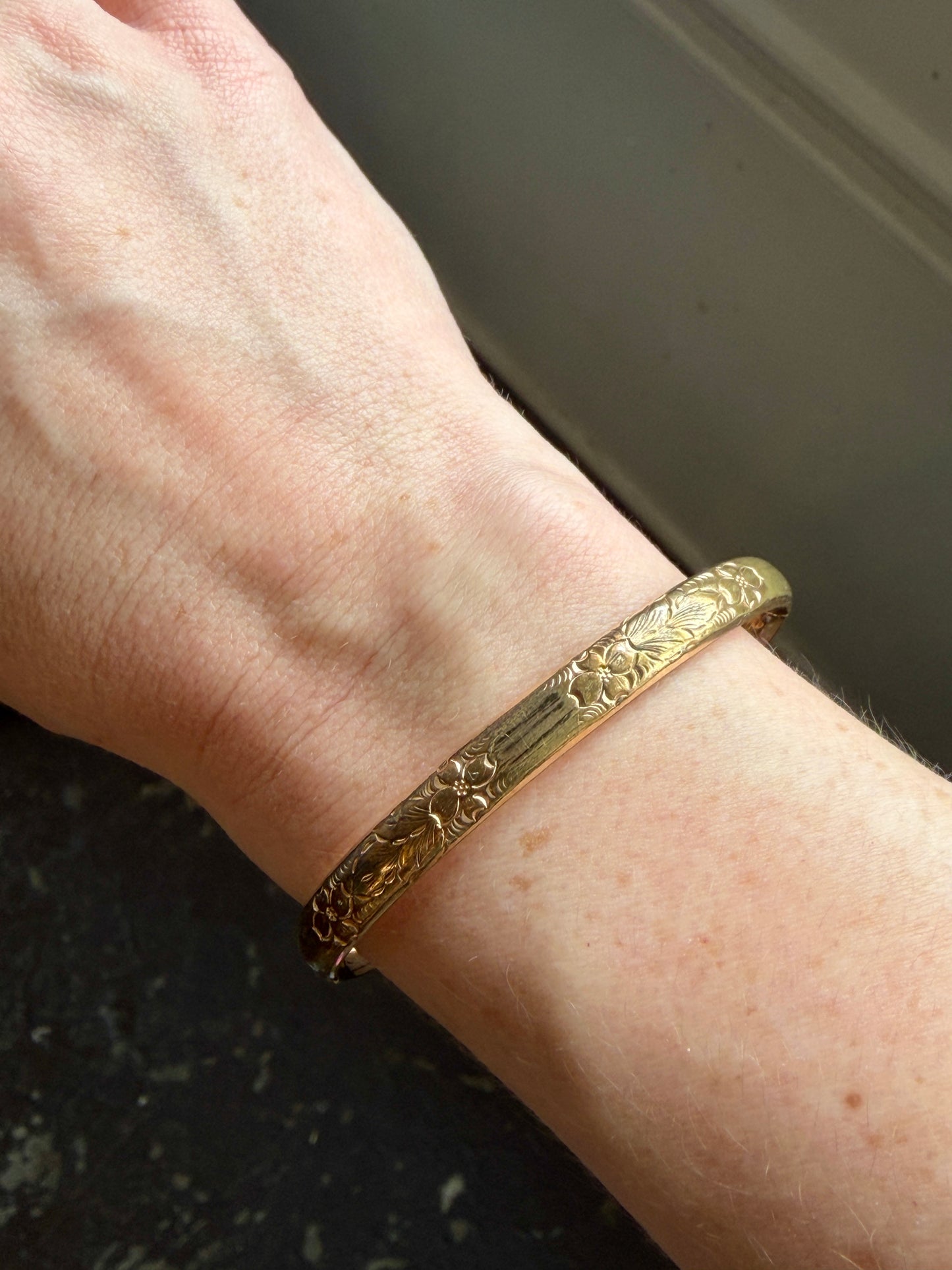 Antique Thin Gold-Filled Dogwood Etched Bangle