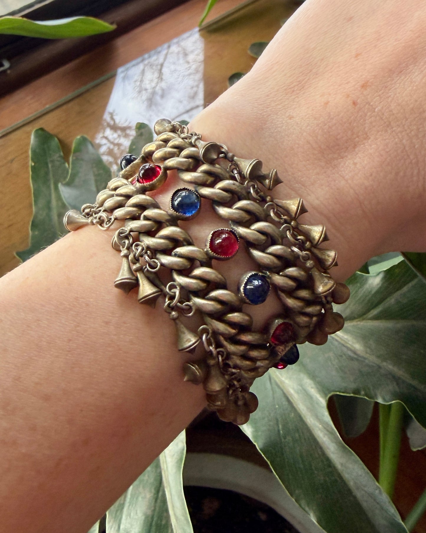 Vintage Red & Blue Glass Cabochon Silver Bracelet