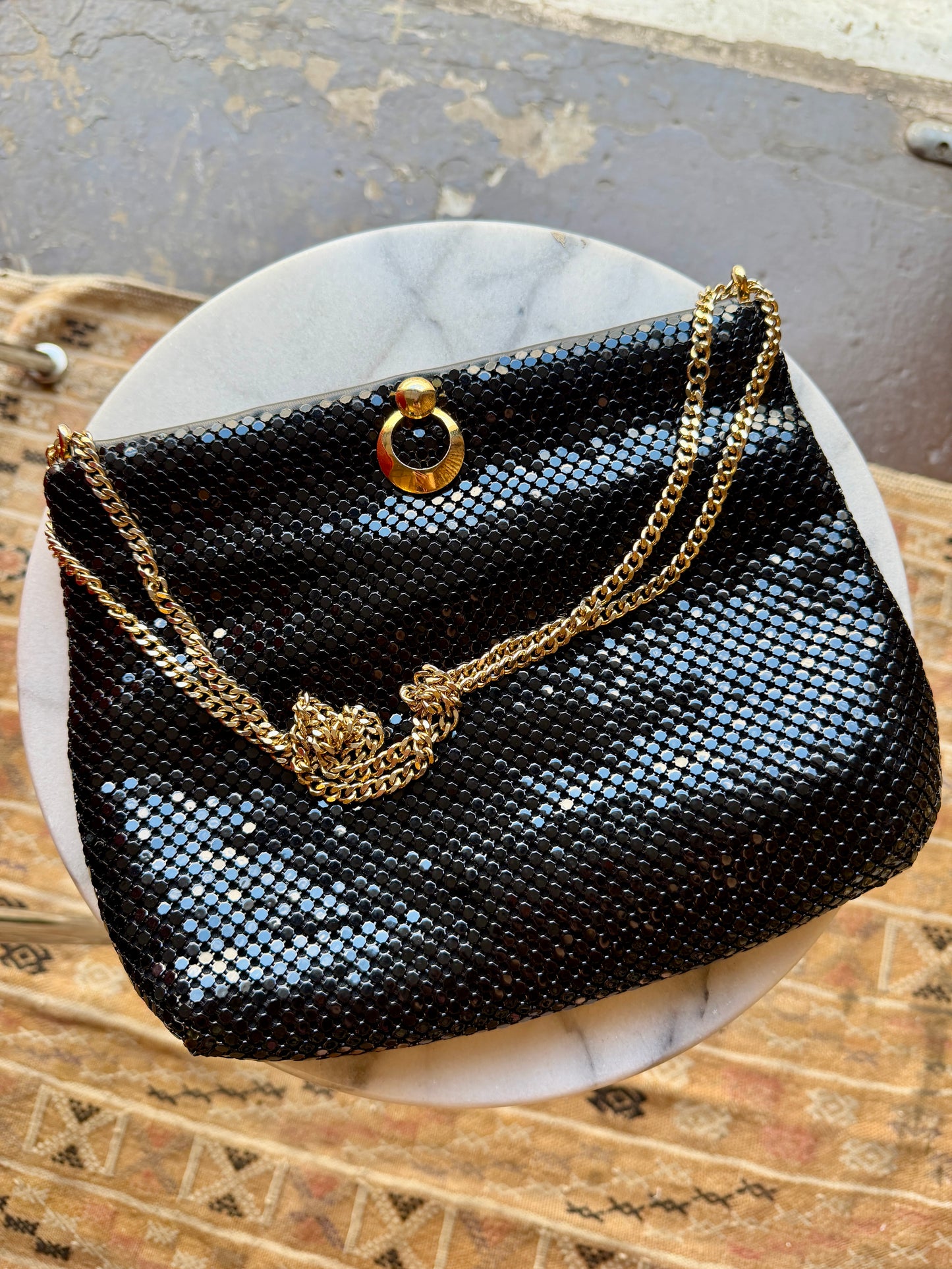 1980's Black Metal Mesh Gold Chain Strap Bag | Whiting & Davis