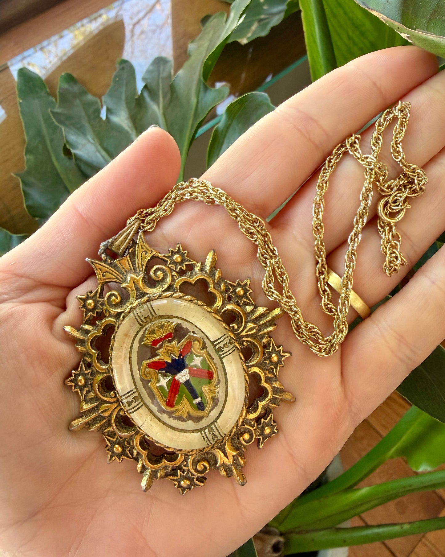 Vintage Heraldic Griffin Crown Coat Of Arms Pendant Necklace