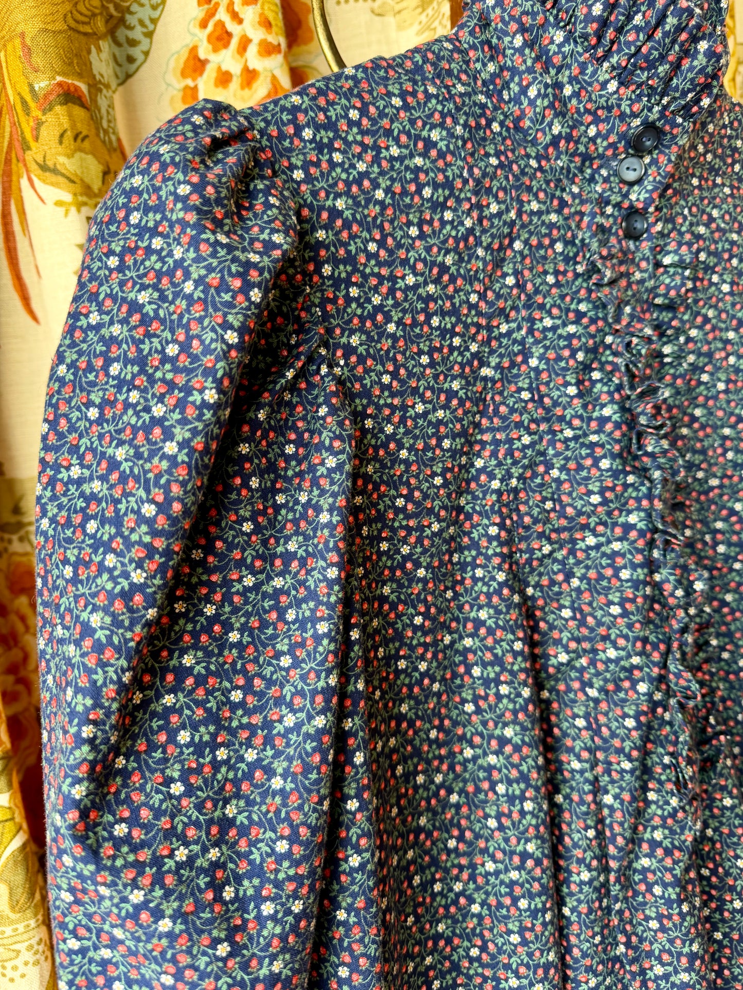 1970's does Victorian Strawberry Ruffle Neck Dress