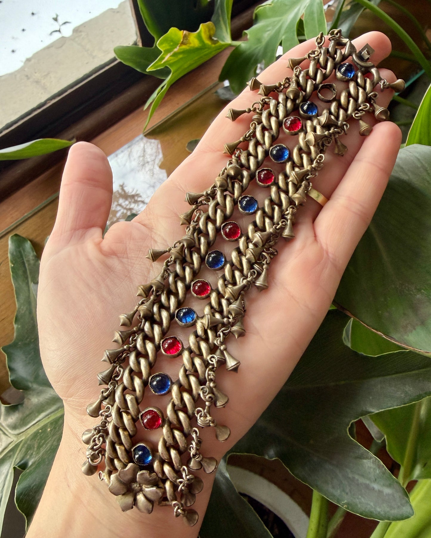 Vintage Red & Blue Glass Cabochon Silver Bracelet