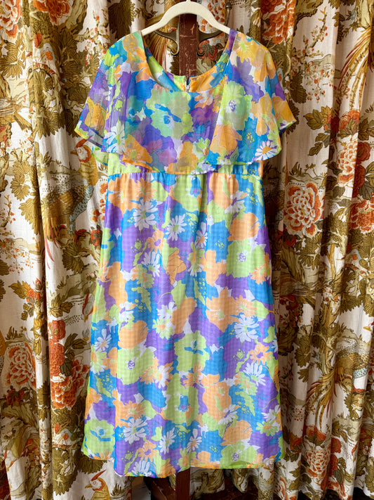 1970's Neon Floral Cape Top Chiffon Dress