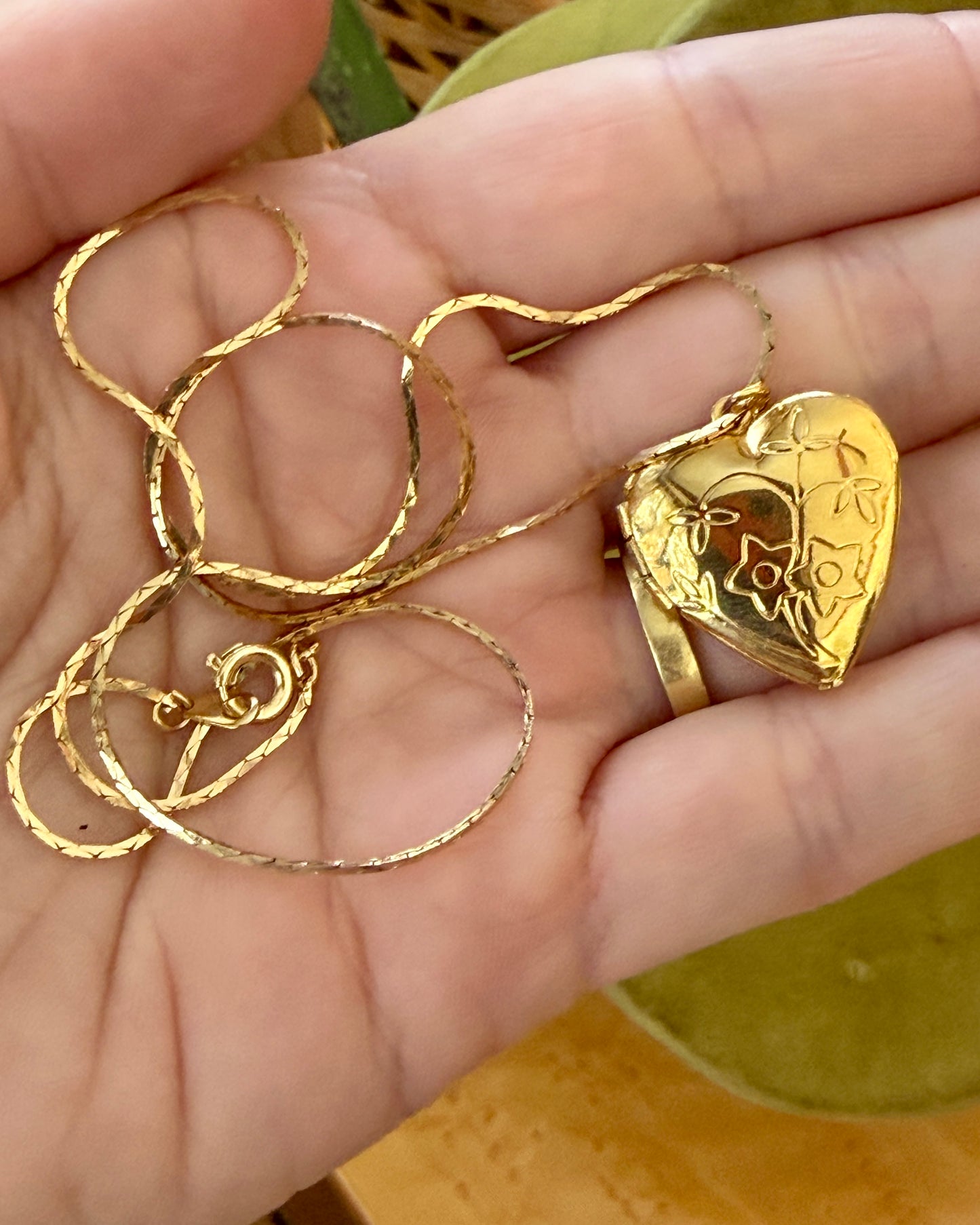 Floral Etched Gold Tone Locket Necklace