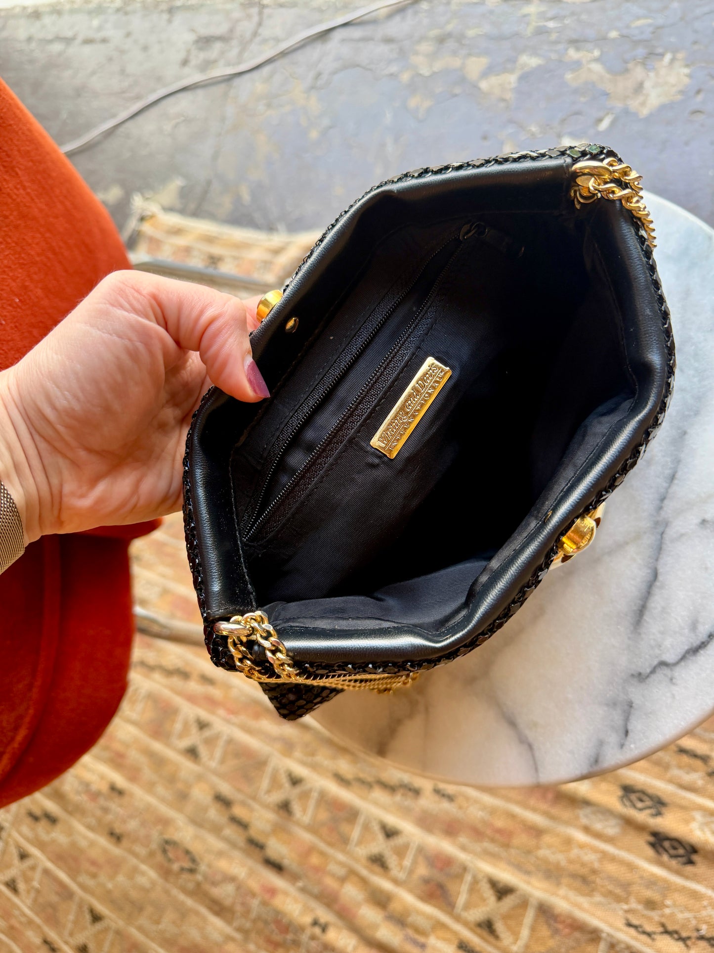 1980's Black Metal Mesh Gold Chain Strap Bag | Whiting & Davis