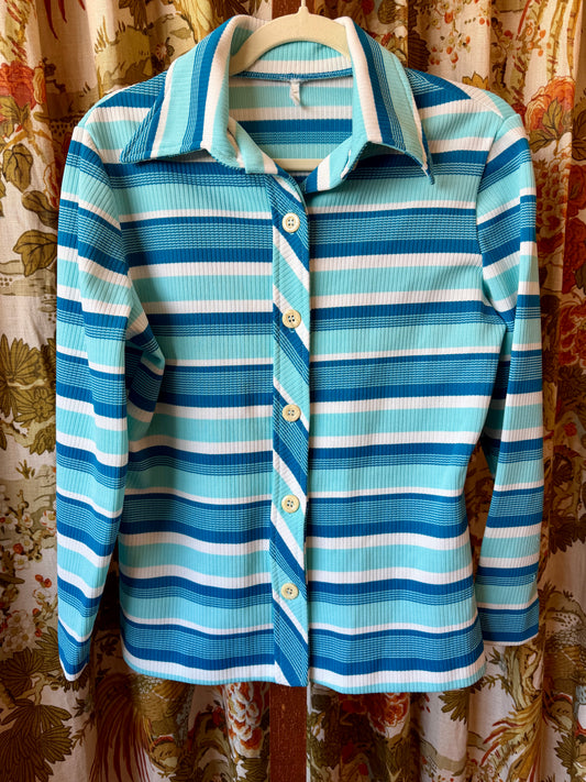 1970's Blue Stripe Dagger Collar Blouse