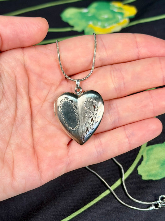 Vintage Sterling Silver Etched Heart Locket Necklace