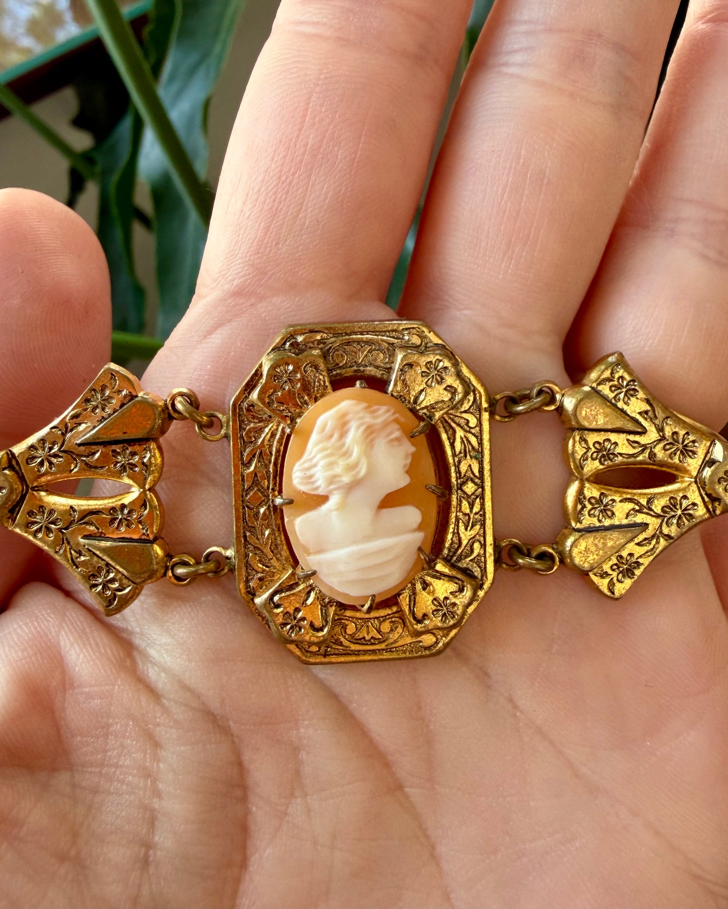 Victorian Revival Carved Shell Cameo Filled Filigree Bracelet