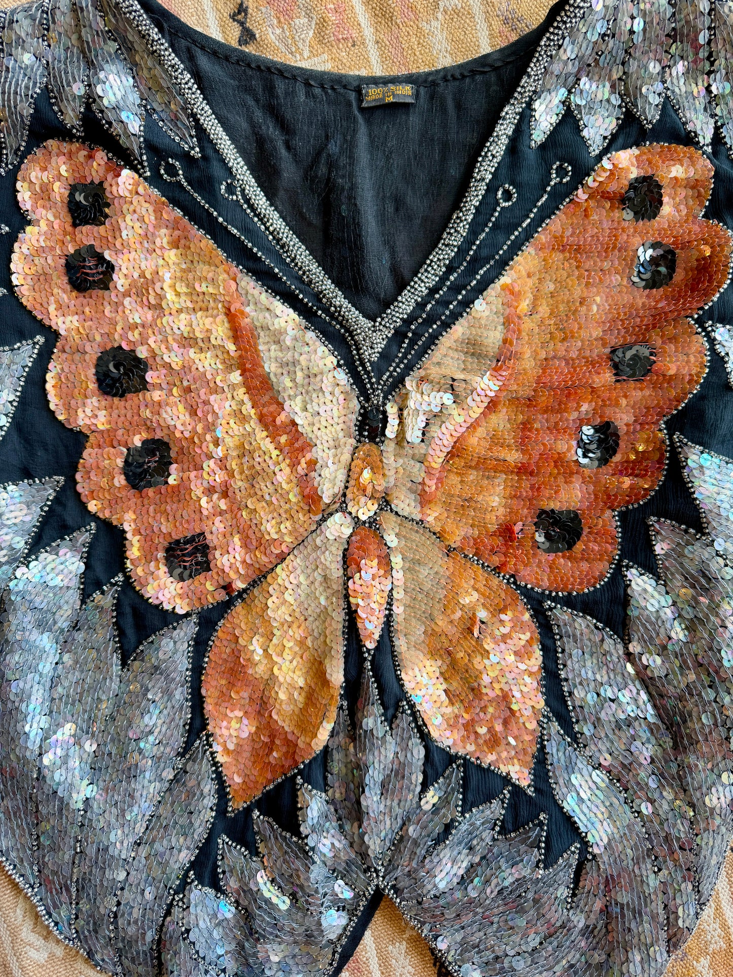 Vintage Sequin Silk Butterfly Blouse AS IS