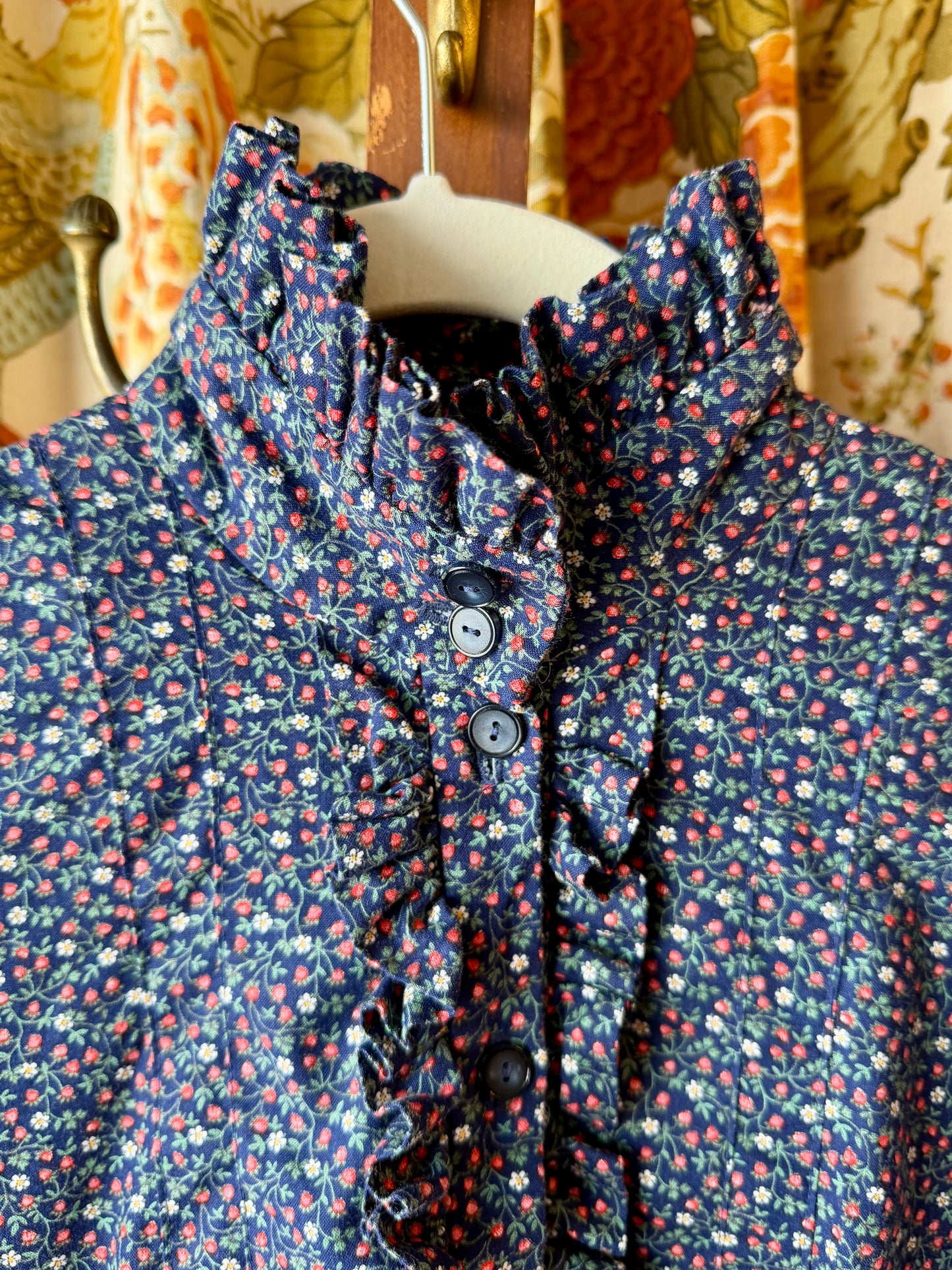 1970's does Victorian Strawberry Ruffle Neck Dress