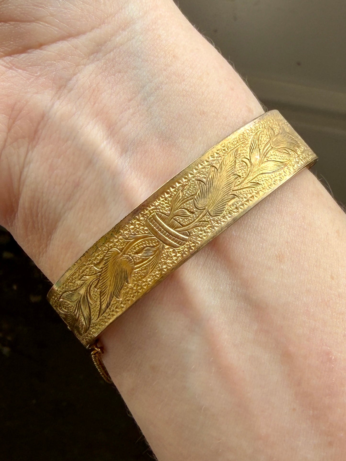 Antique Gold-Filled Bird Etched Bangle