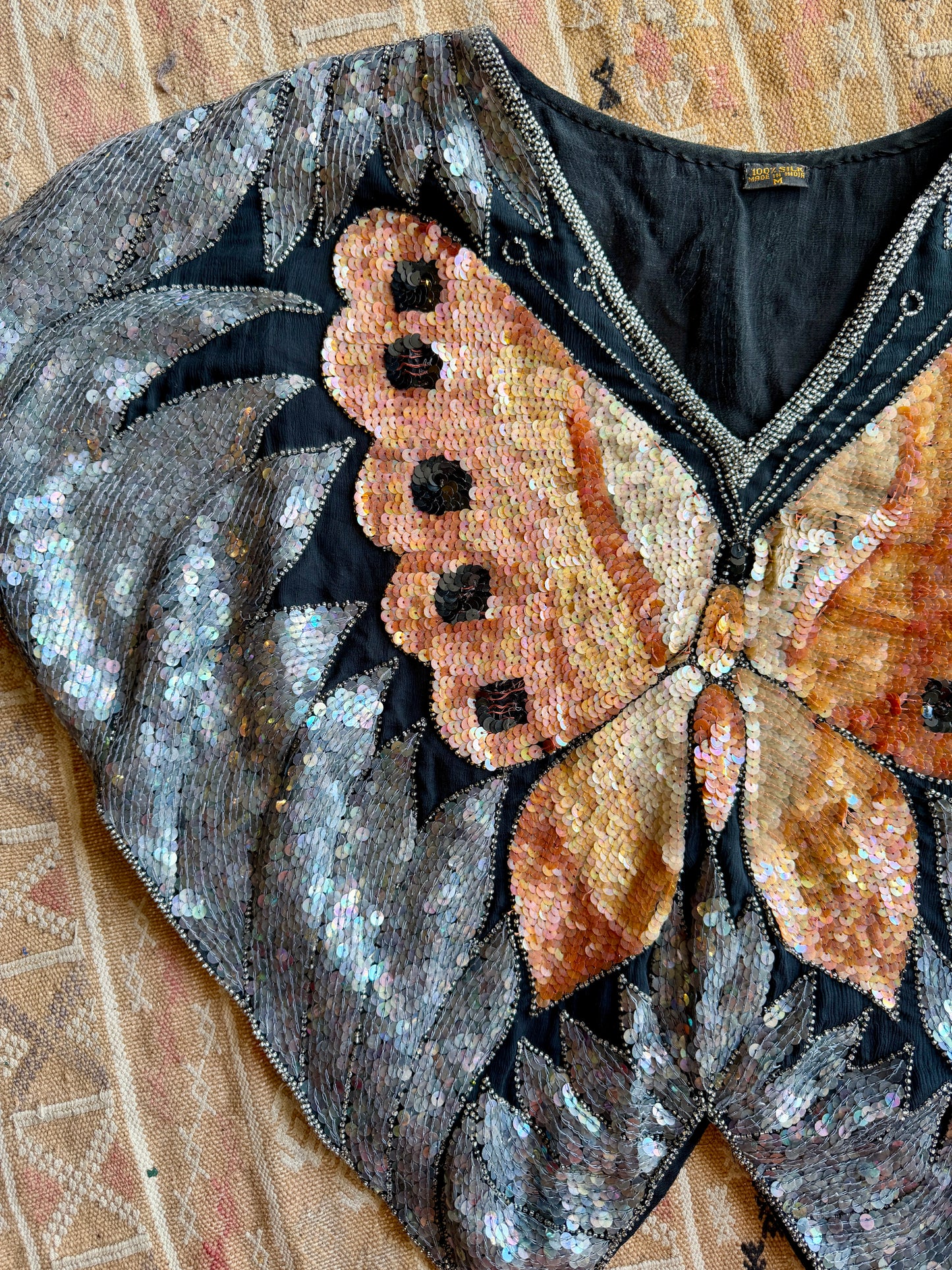 Vintage Sequin Silk Butterfly Blouse AS IS