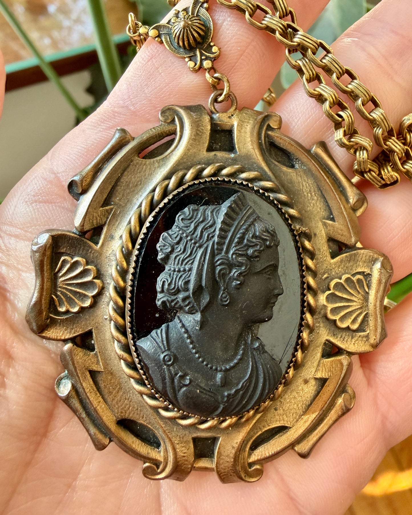 Vintage Victorian Revival Black Glass Cameo Necklace