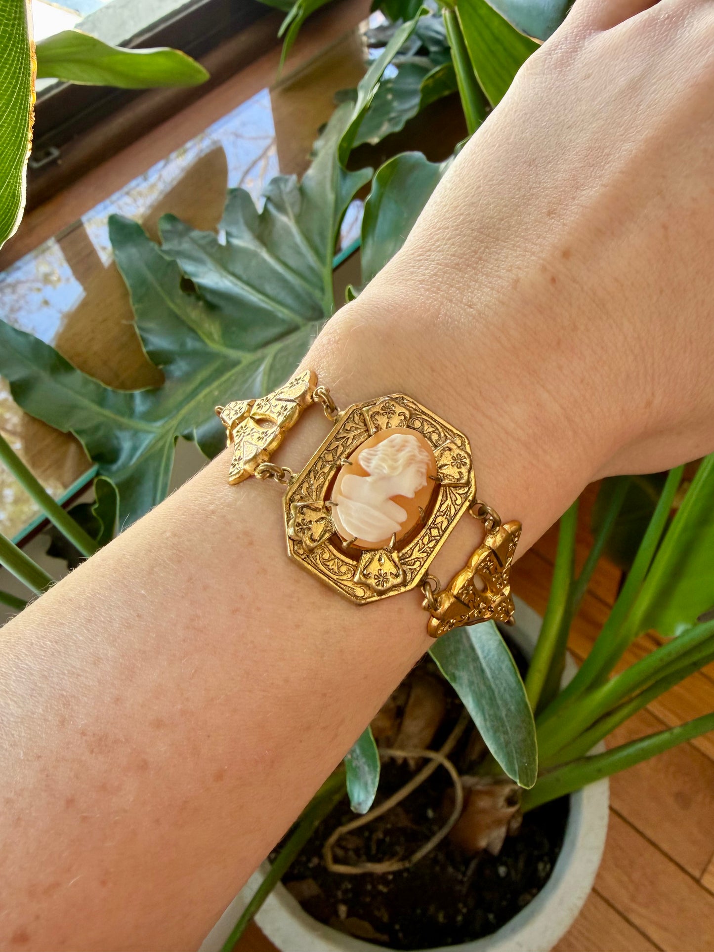 Victorian Revival Carved Shell Cameo Filled Filigree Bracelet