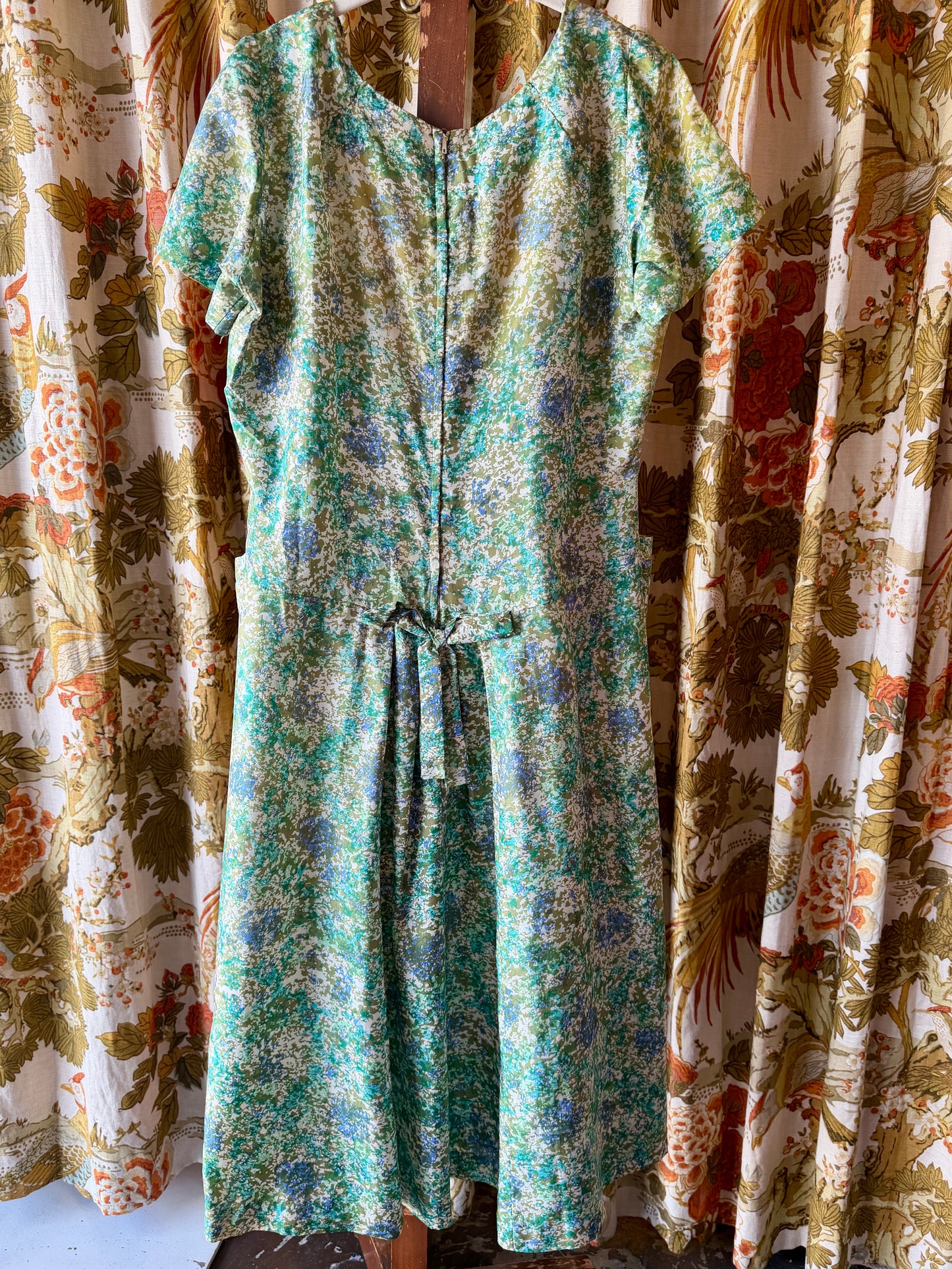 1950's Silk/Viscose Green & Blue Sponge Print Dress AS IS