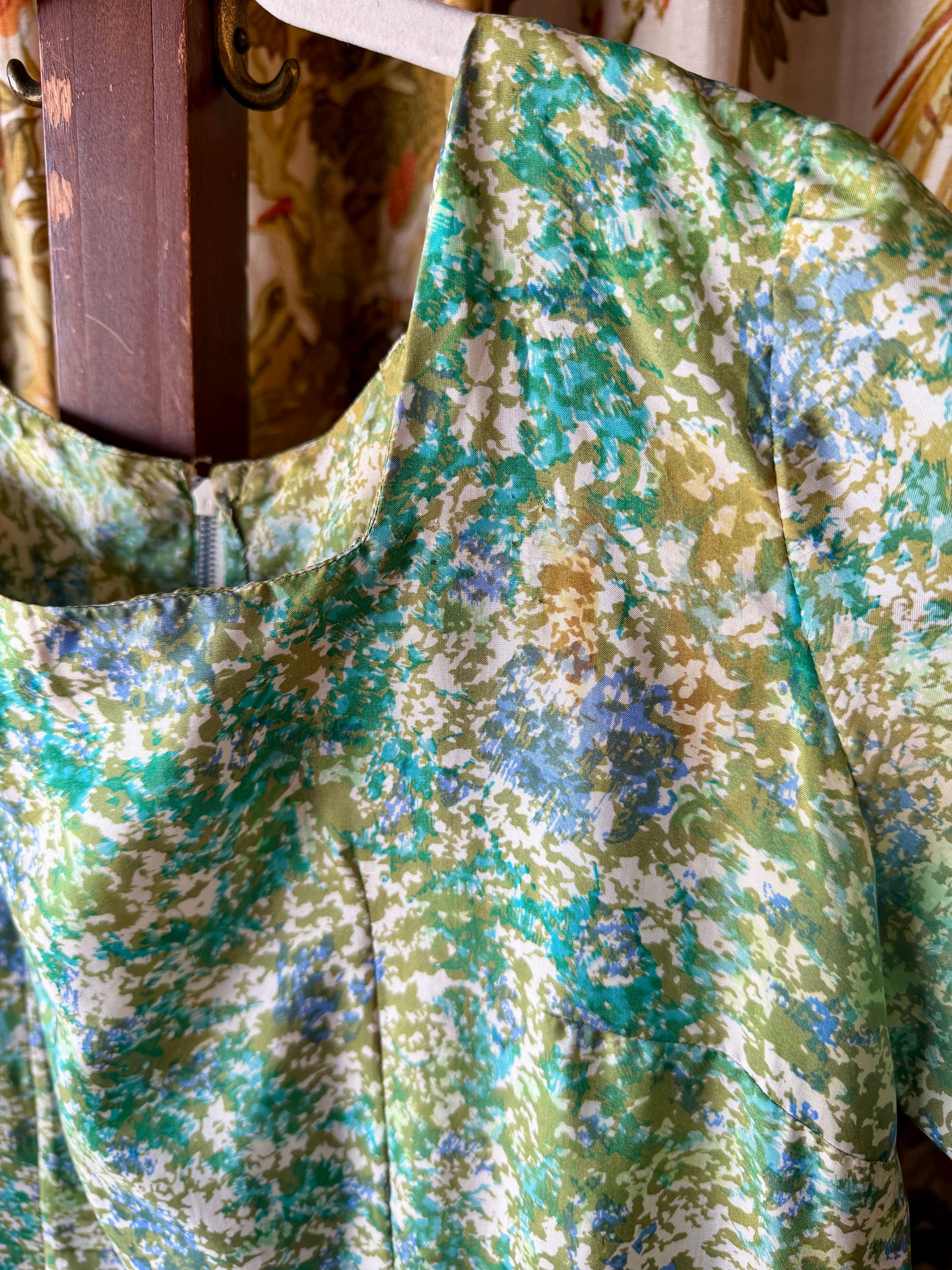 1950's Silk/Viscose Green & Blue Sponge Print Dress AS IS