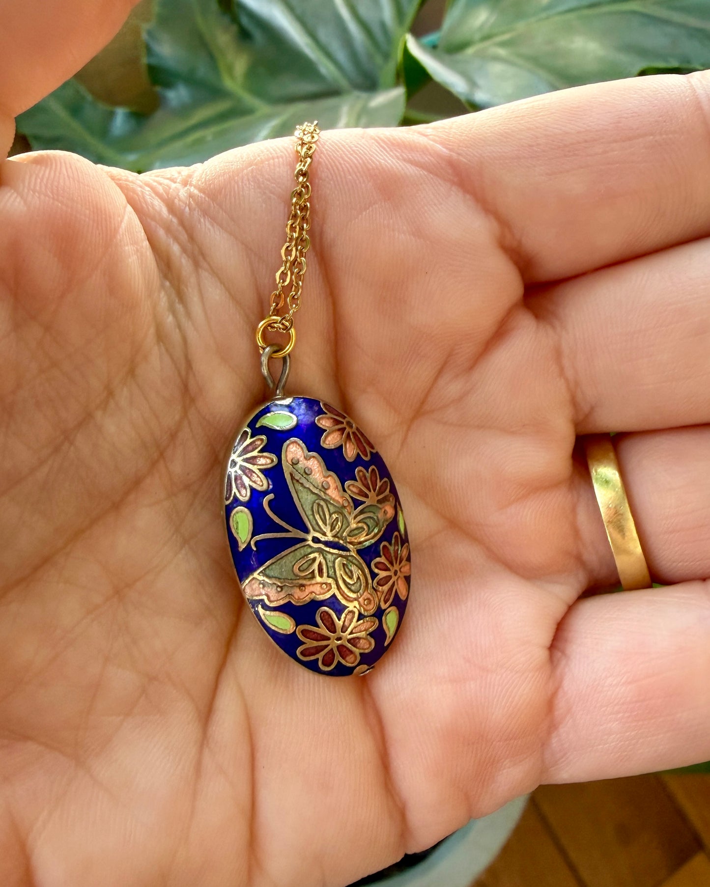 Vintage Butterfly Cloisonné Pendant Necklace