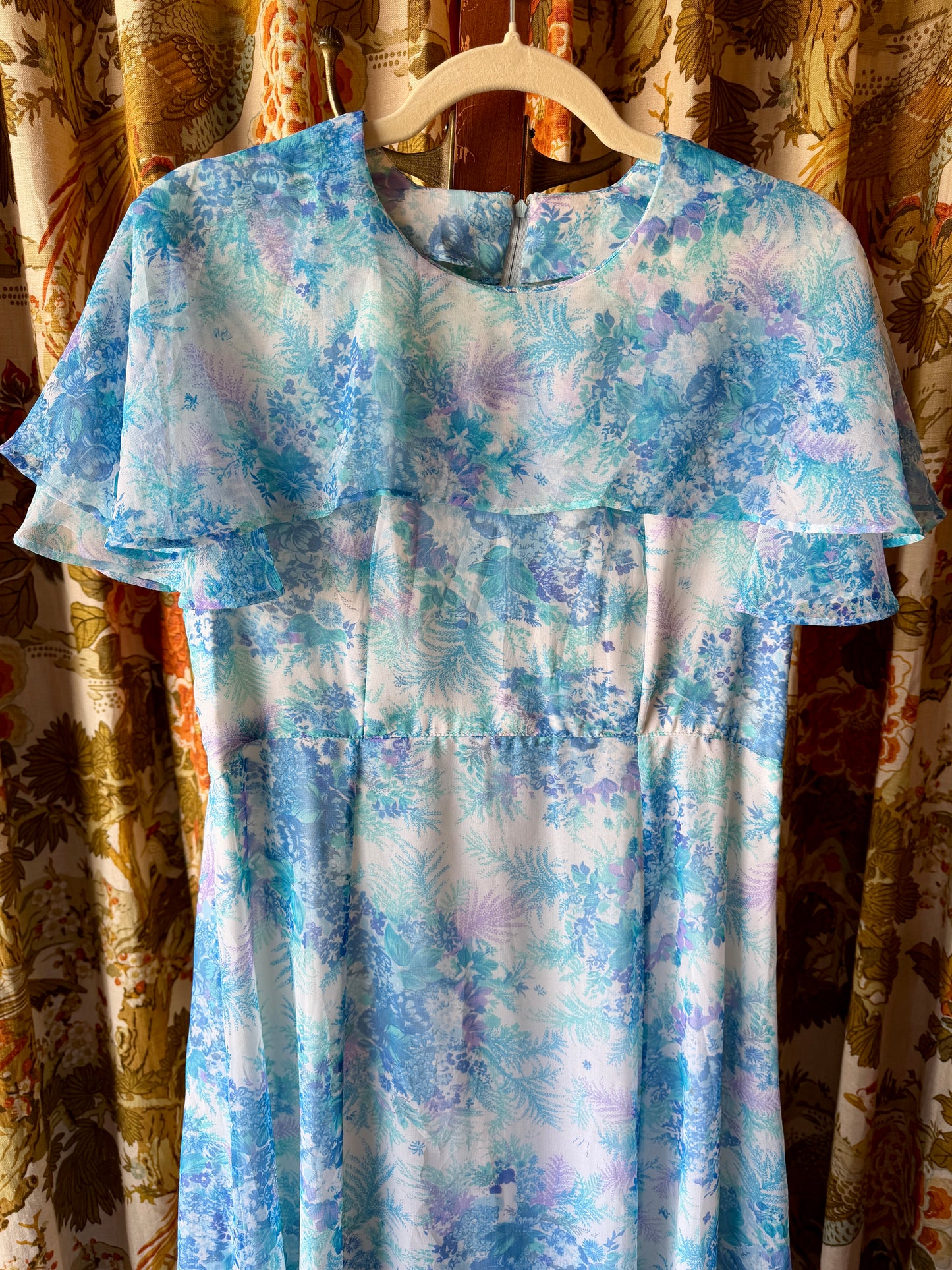 1970's Blue Fern Print Chiffon Dress