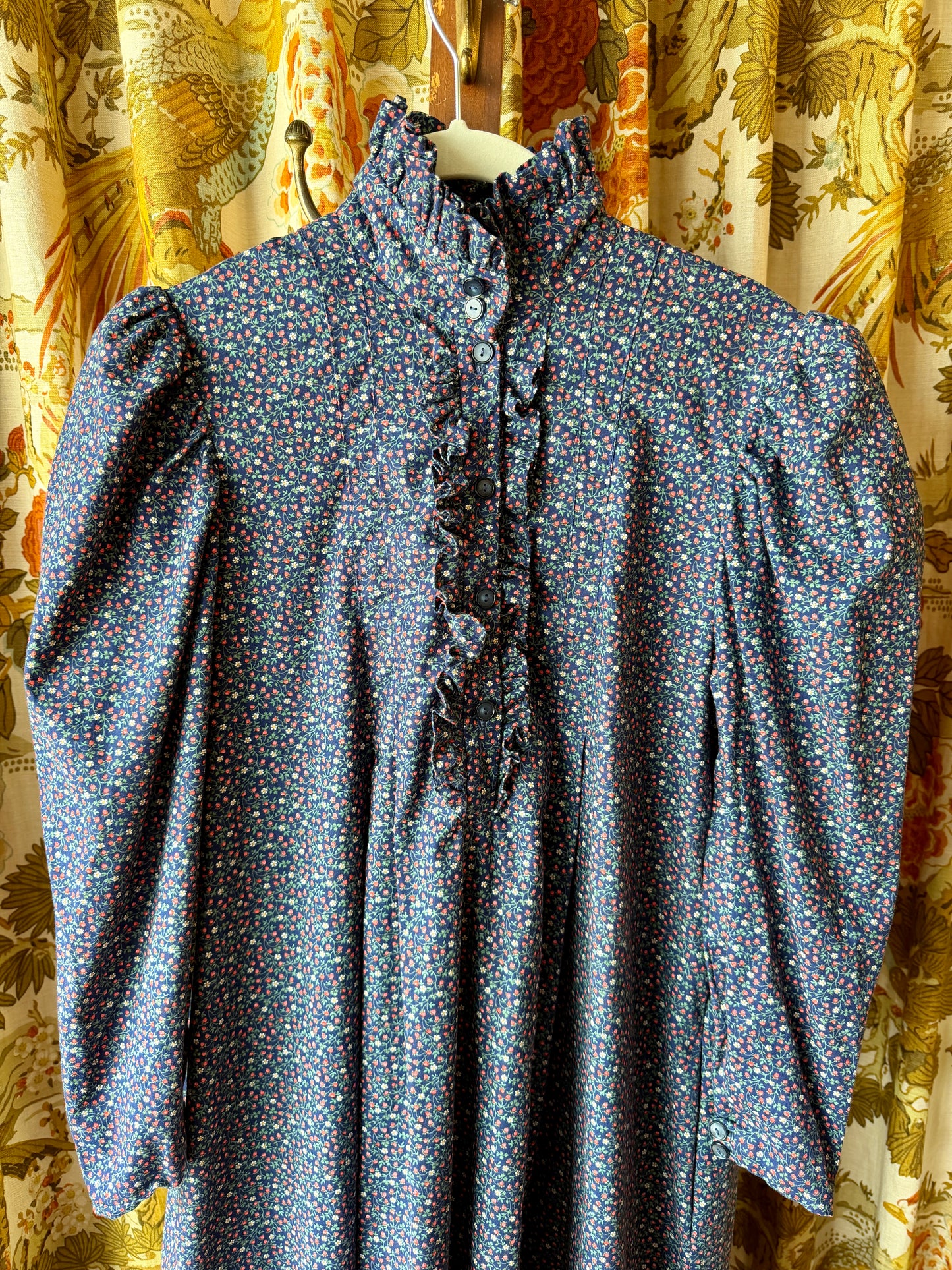 1970's does Victorian Strawberry Ruffle Neck Dress