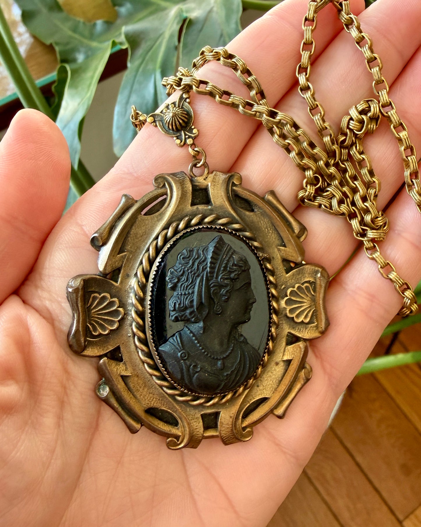 Vintage Victorian Revival Black Glass Cameo Necklace