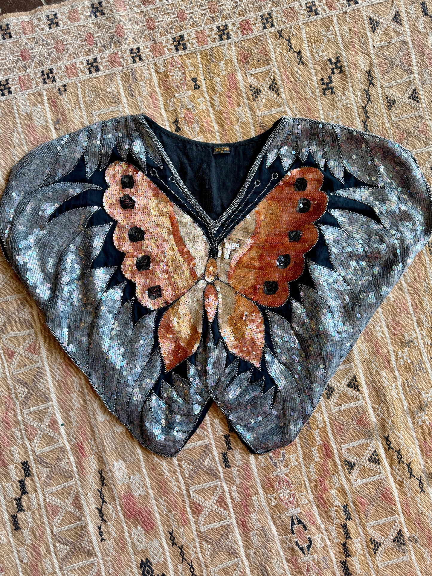 Vintage Sequin Silk Butterfly Blouse AS IS