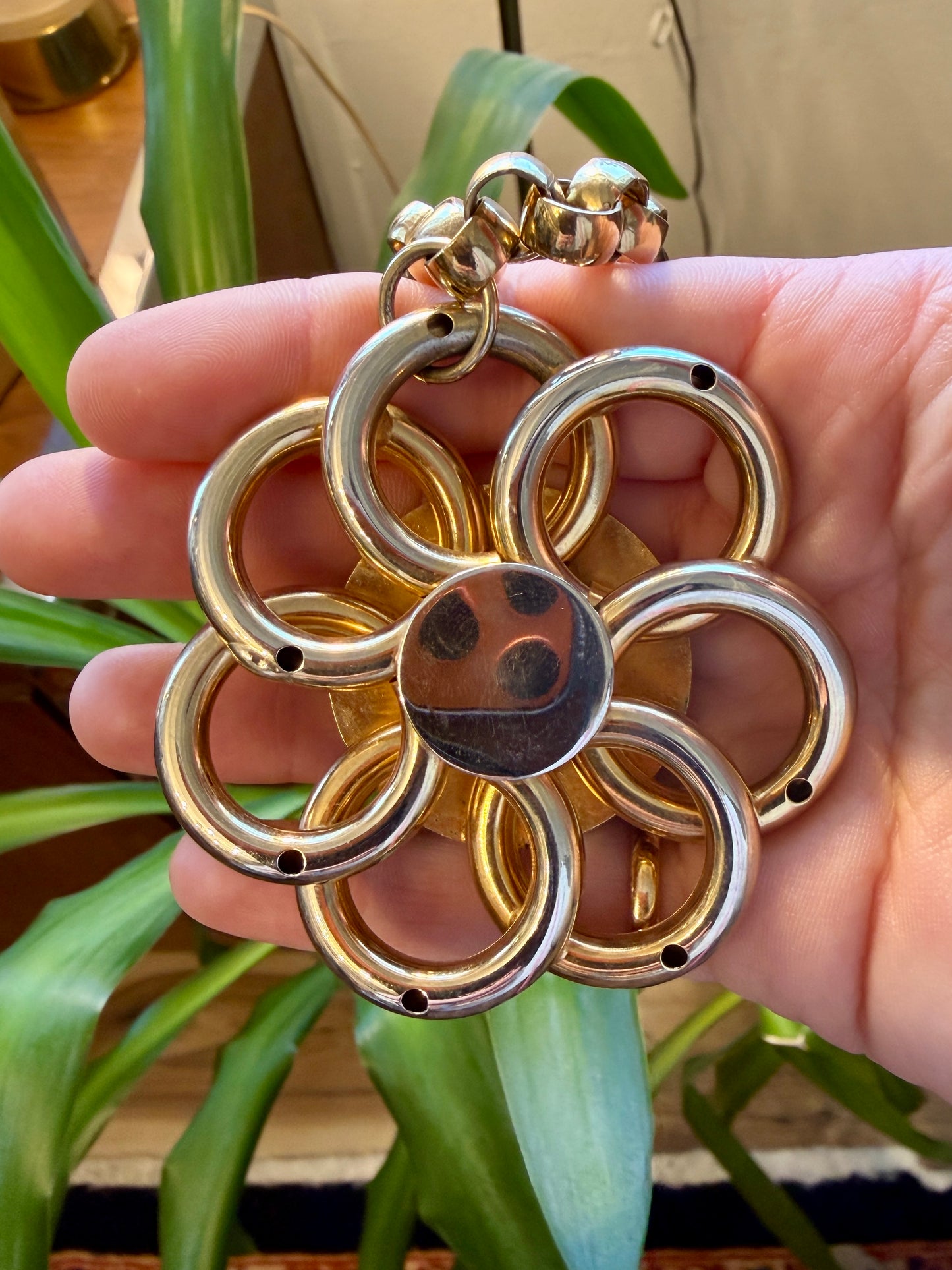 Chunky Gold Tone & Black Enamel Flower Necklace