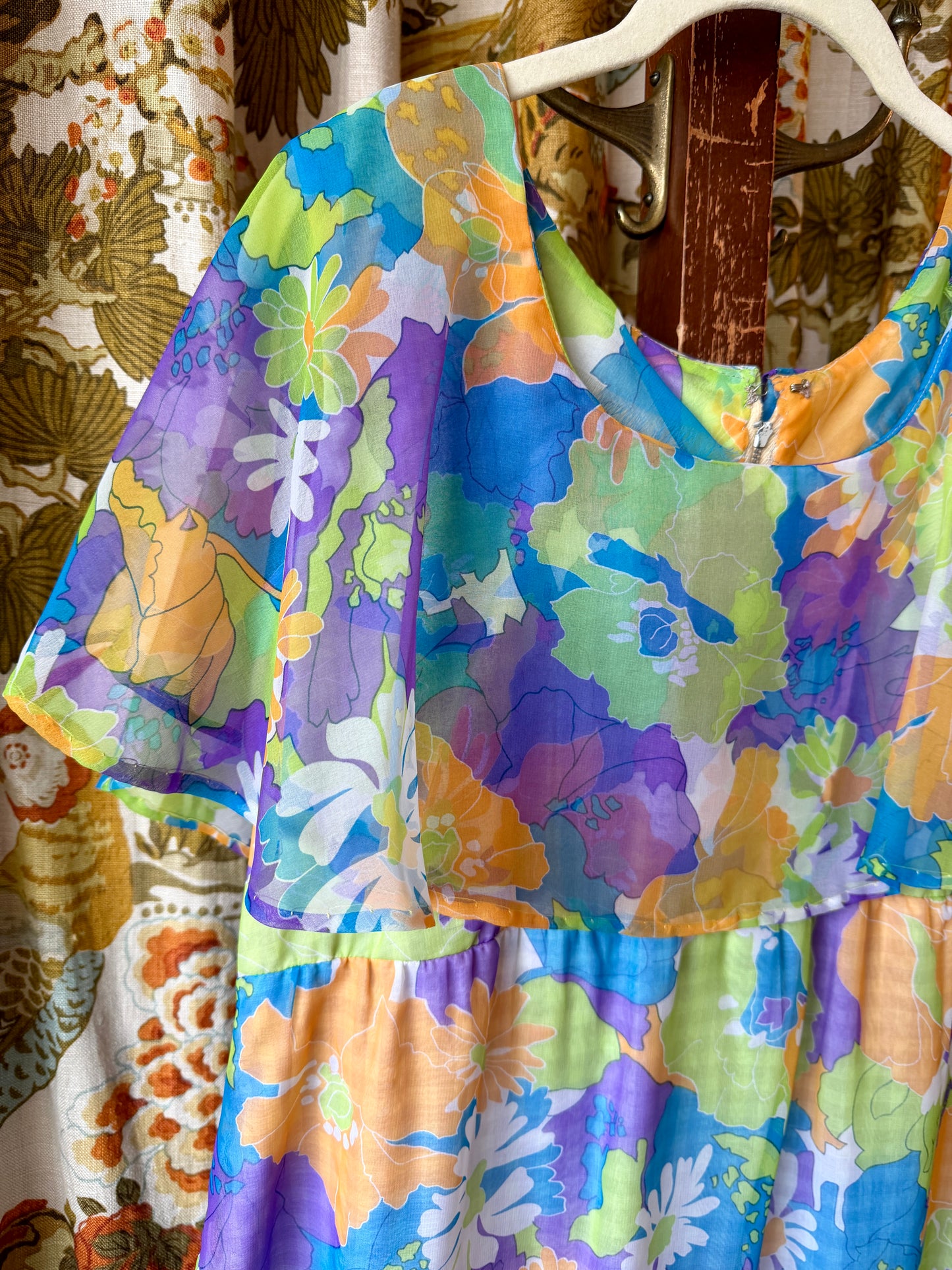 1970's Neon Floral Cape Top Chiffon Dress