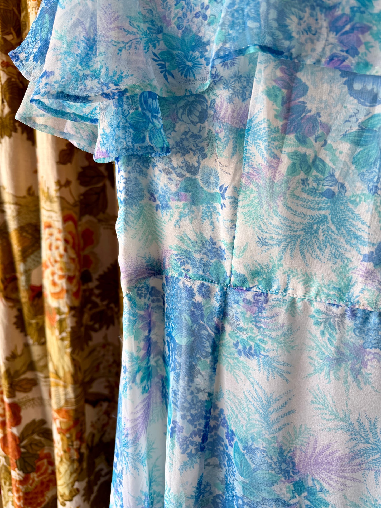 1970's Blue Fern Print Chiffon Dress