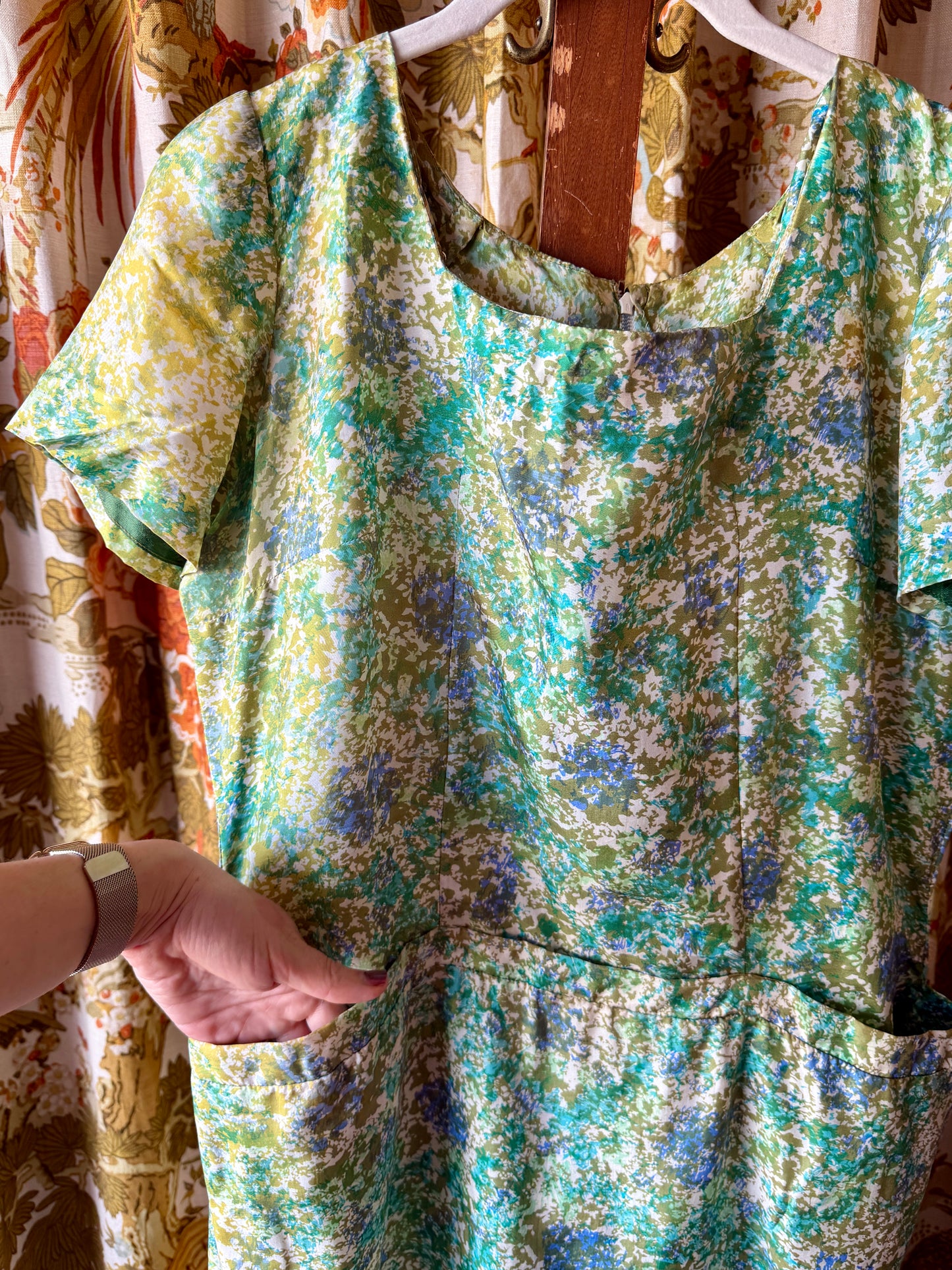 1950's Silk/Viscose Green & Blue Sponge Print Dress AS IS