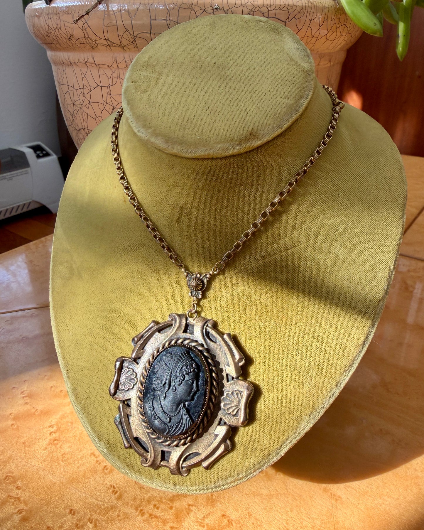 Vintage Victorian Revival Black Glass Cameo Necklace