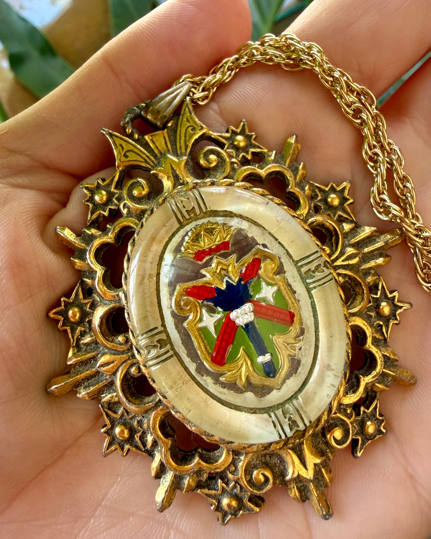 Vintage Heraldic Griffin Crown Coat Of Arms Pendant Necklace