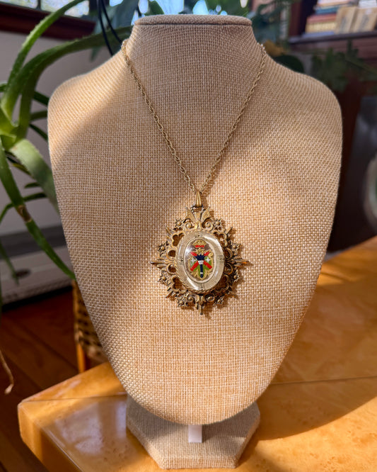 Vintage Heraldic Griffin Crown Coat Of Arms Pendant Necklace