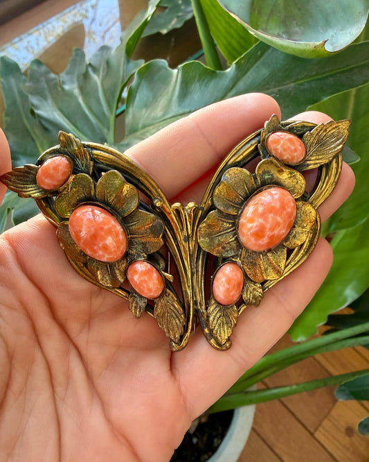Antique Art Nouveau Coral Butterfly Sash Pin