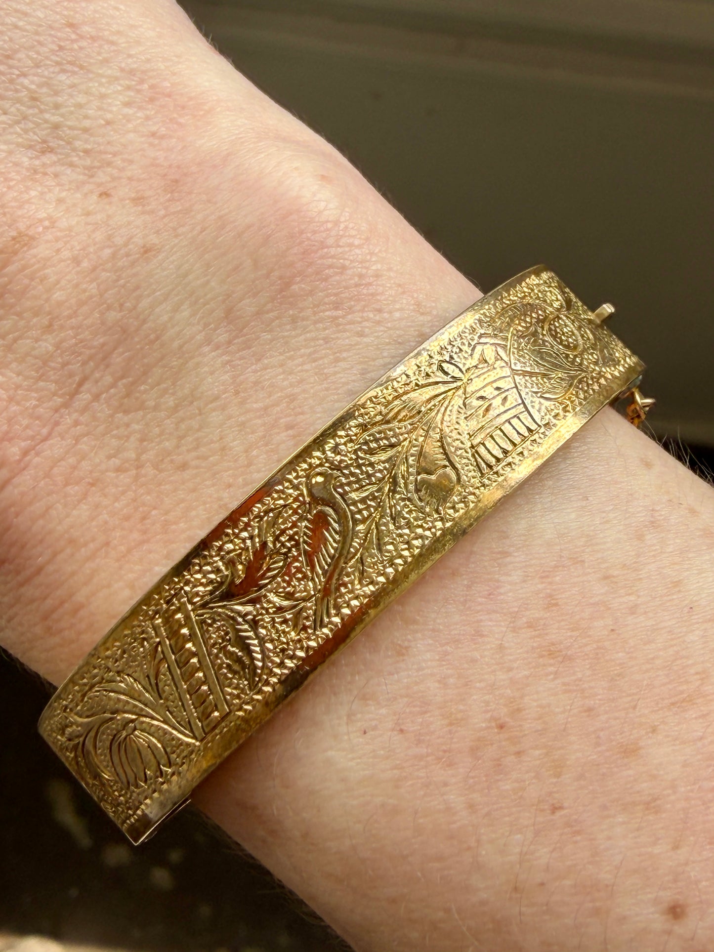 Antique Gold-Filled Bird Etched Bangle