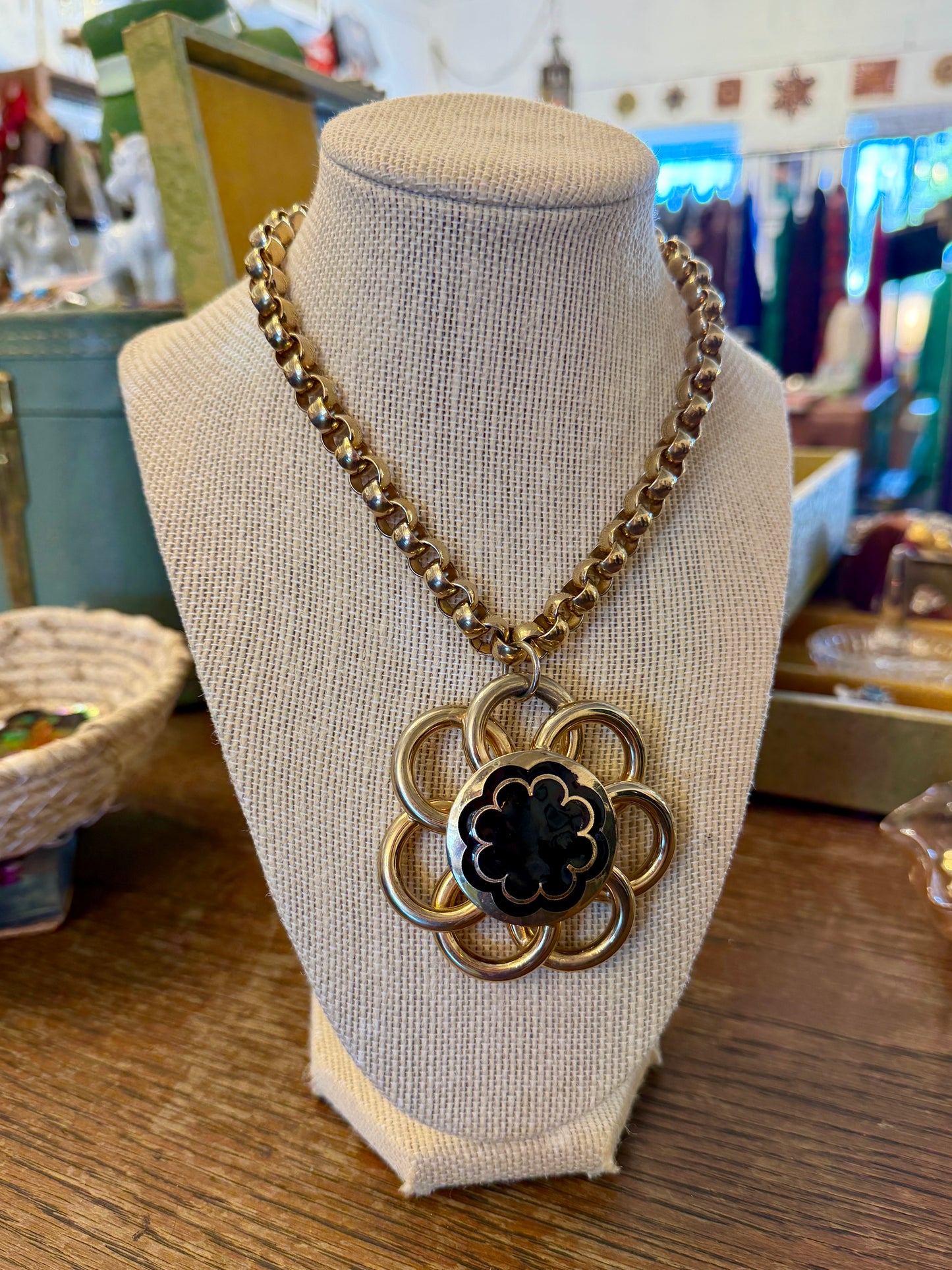 Chunky Gold Tone & Black Enamel Flower Necklace