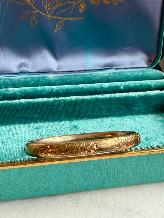 Antique Thin Gold-Filled Dogwood Etched Bangle