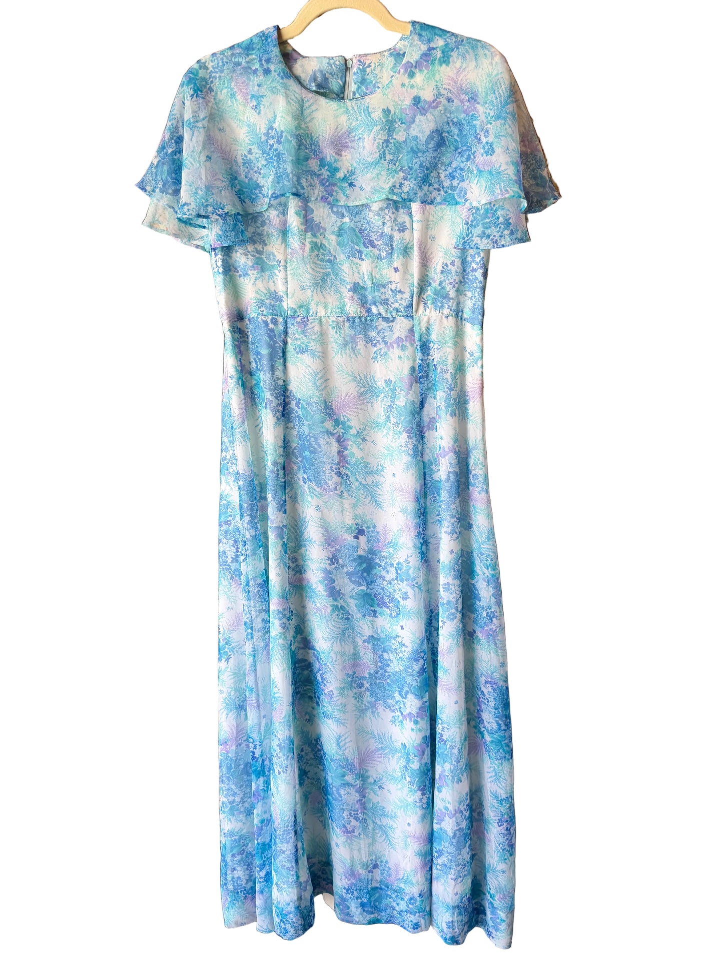 1970's Blue Fern Print Chiffon Dress