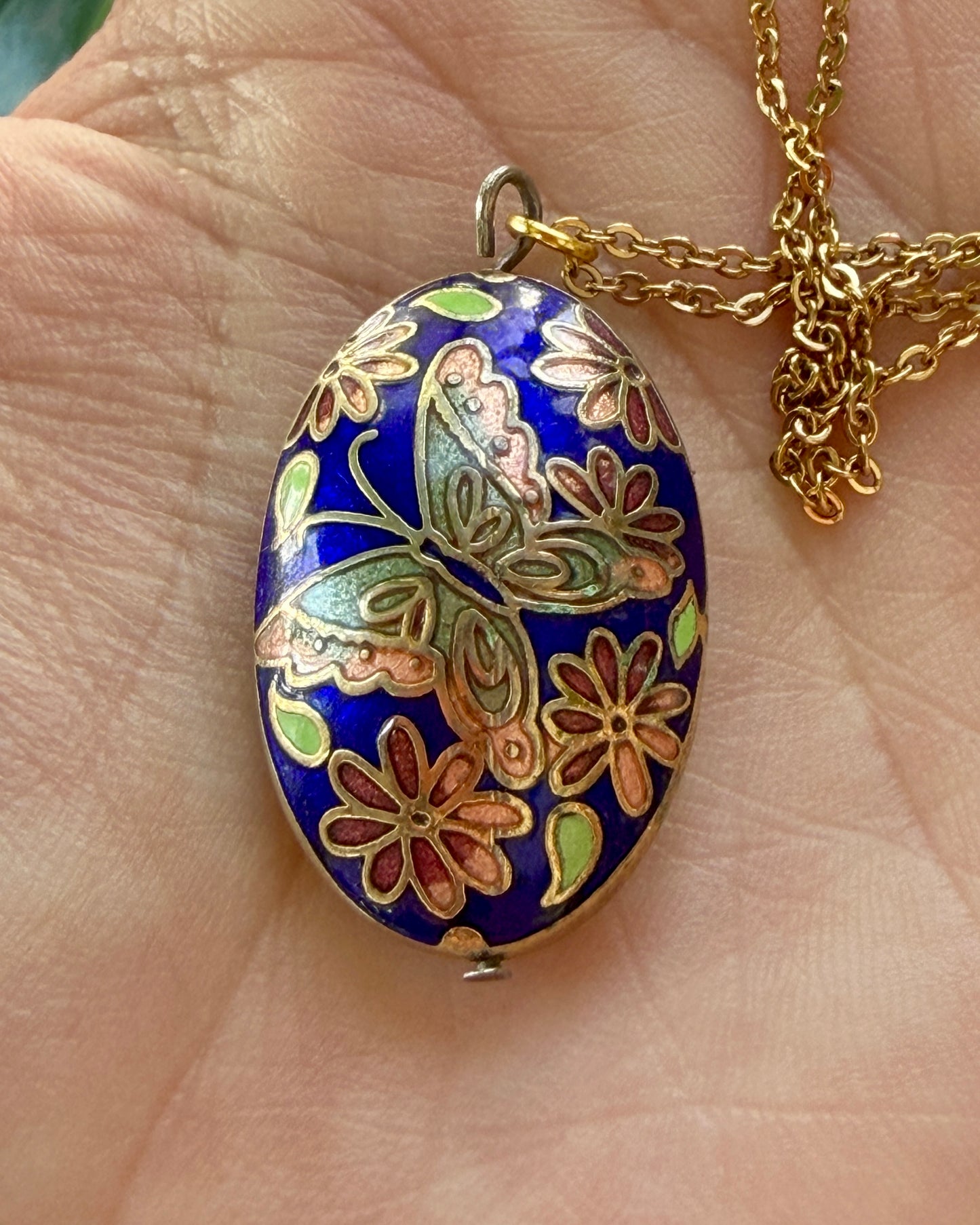 Vintage Butterfly Cloisonné Pendant Necklace