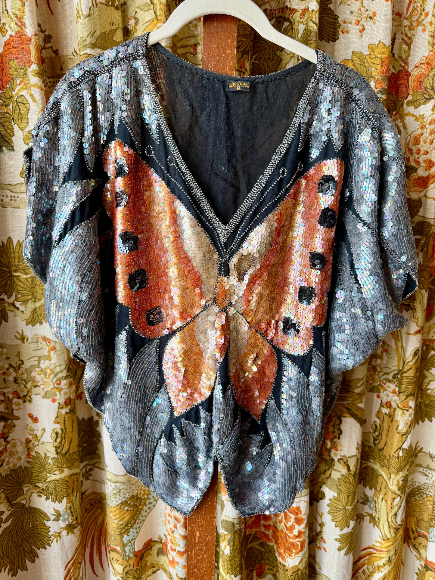 Vintage Sequin Silk Butterfly Blouse AS IS