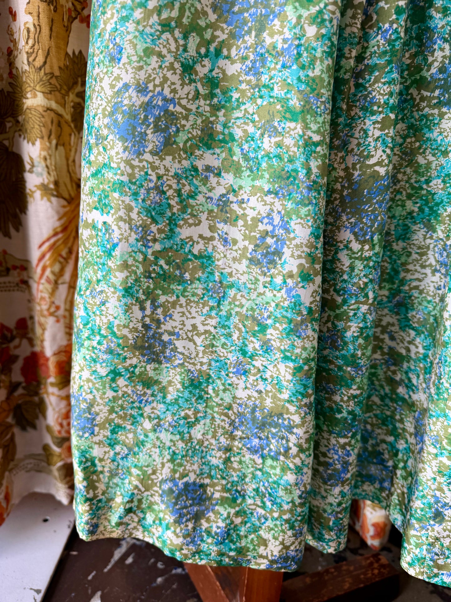 1950's Silk/Viscose Green & Blue Sponge Print Dress AS IS