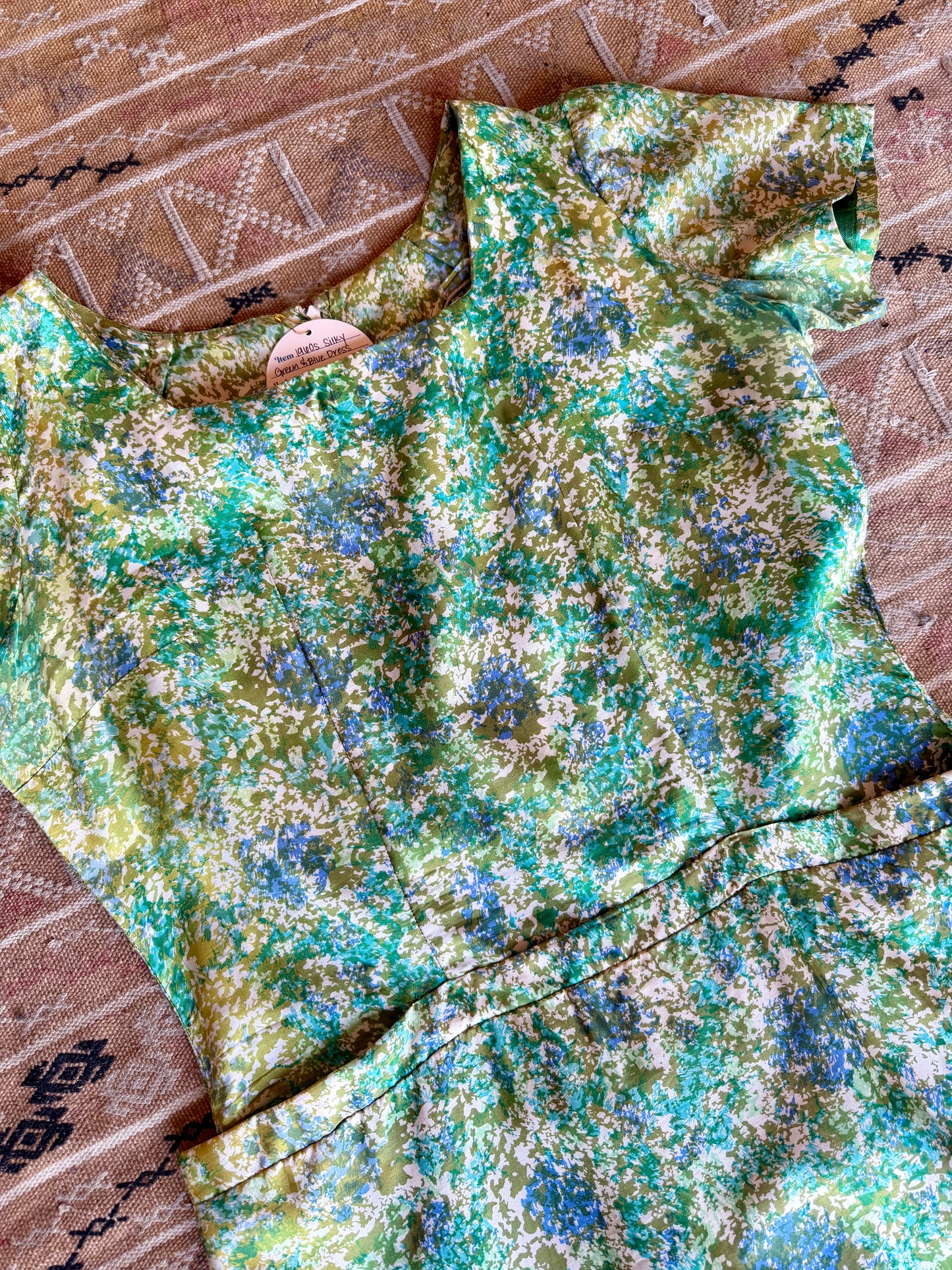 1950's Silk/Viscose Green & Blue Sponge Print Dress AS IS