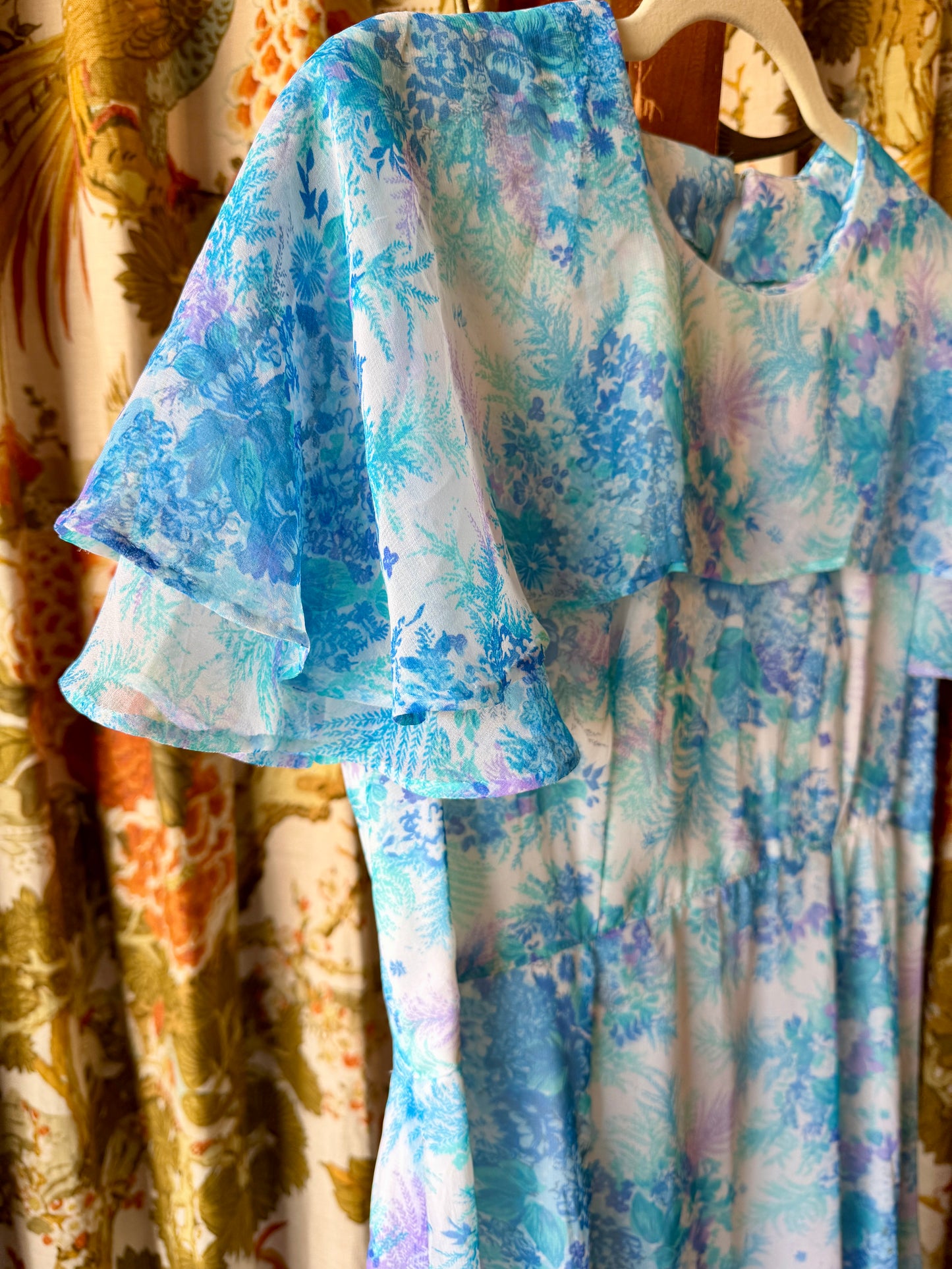 1970's Blue Fern Print Chiffon Dress