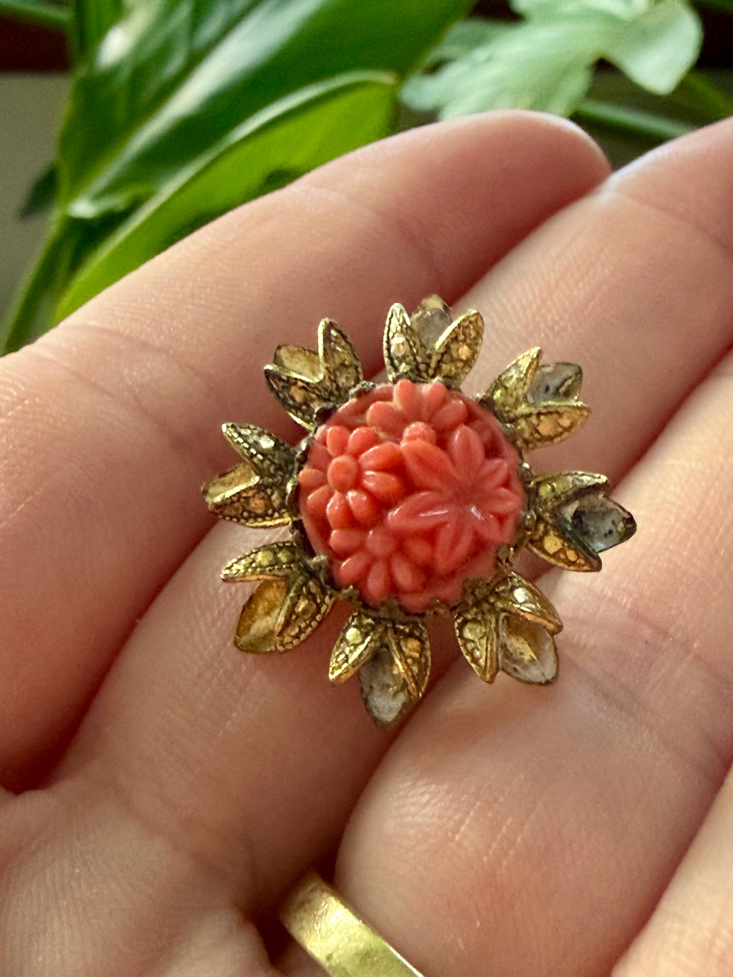 Vintage Mini Carved Coral Celluloid Floral Brooch