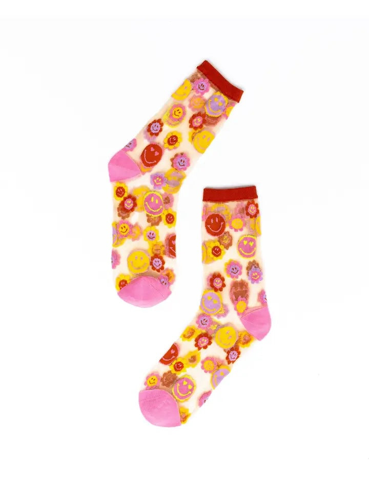 Smiley Face Daisy Sheer Crew Sock | Sock Candy